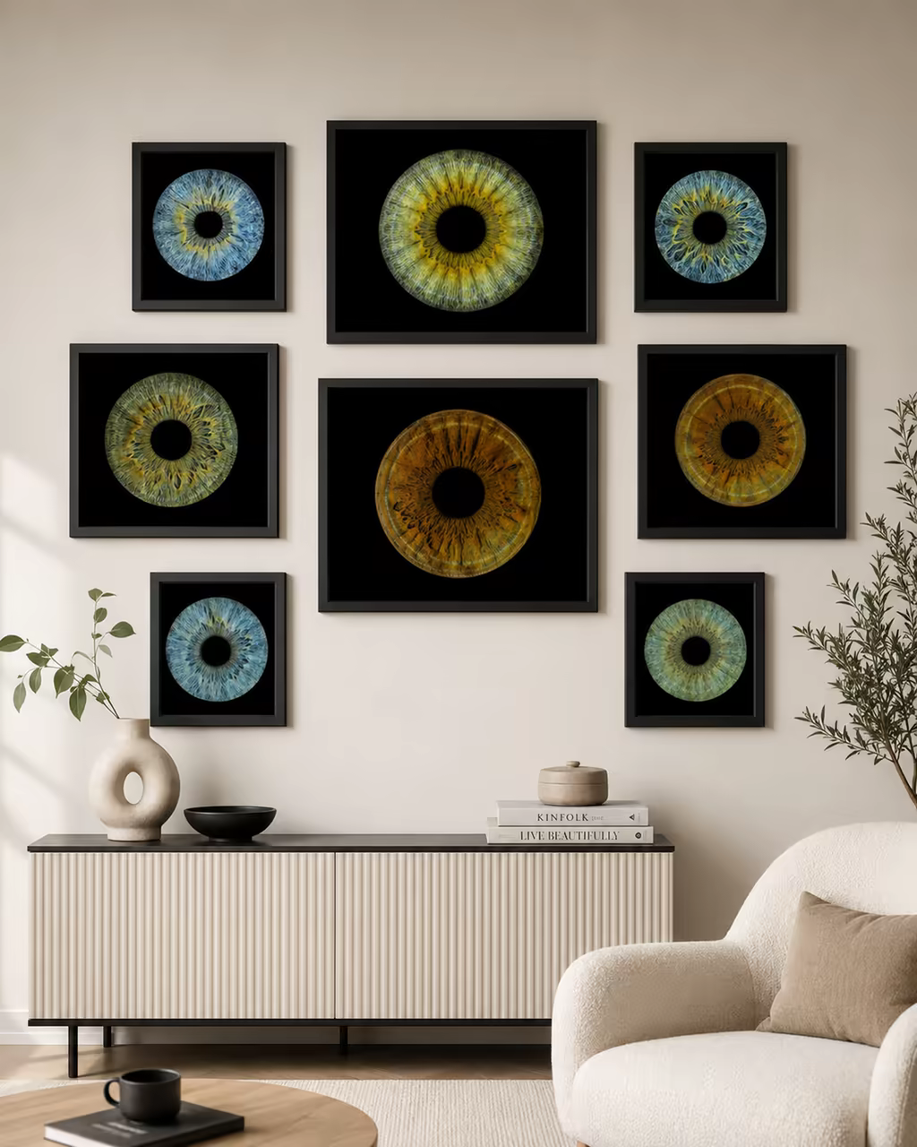 Finished iris prints framed on a wall above a sideboard