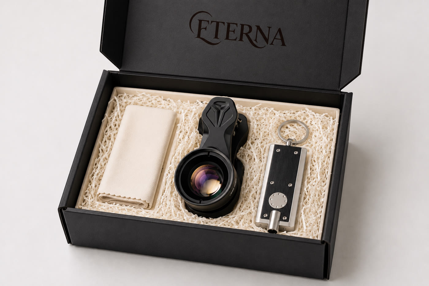 The Eterna kit — an open box holding the macro lens, a pocket light and a cloth