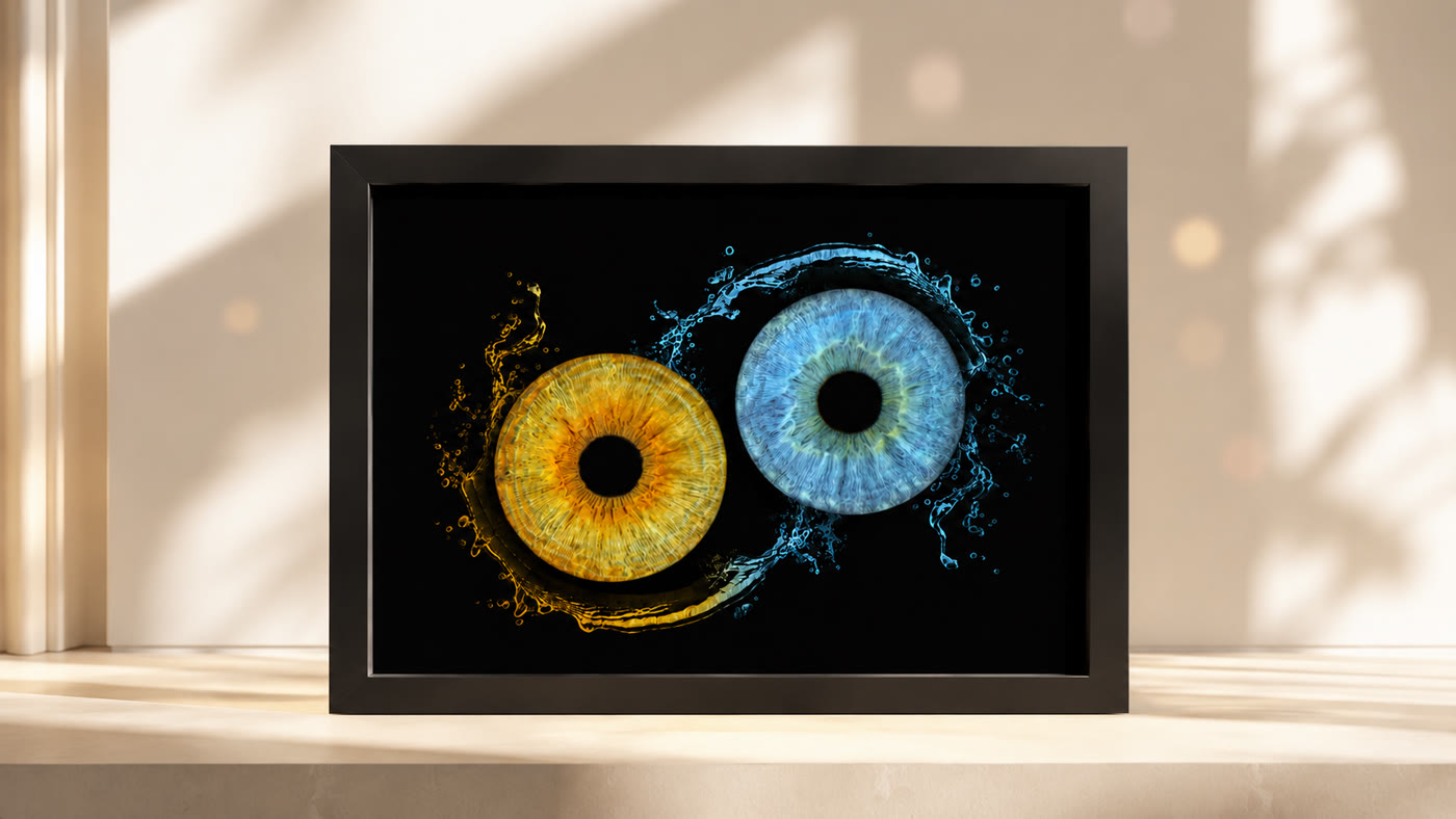 A framed gold and blue duet iris artwork on a sunlit cream shelf